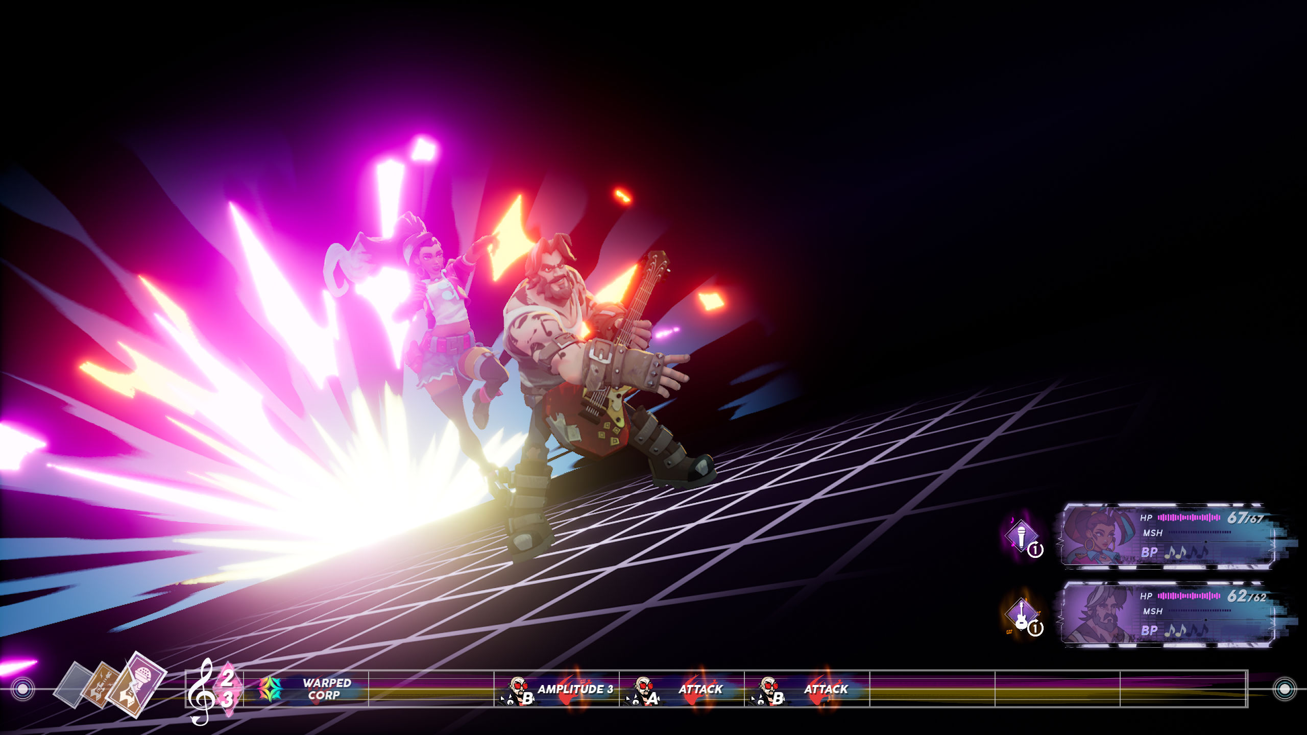 Screenshots of the musical rhythm turn-based RPG, People of Note, by Iridium Studios and Annapurna Interactive.