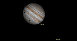 graphic illustration of Jupiter with two moons labelled - europa and ganymede.