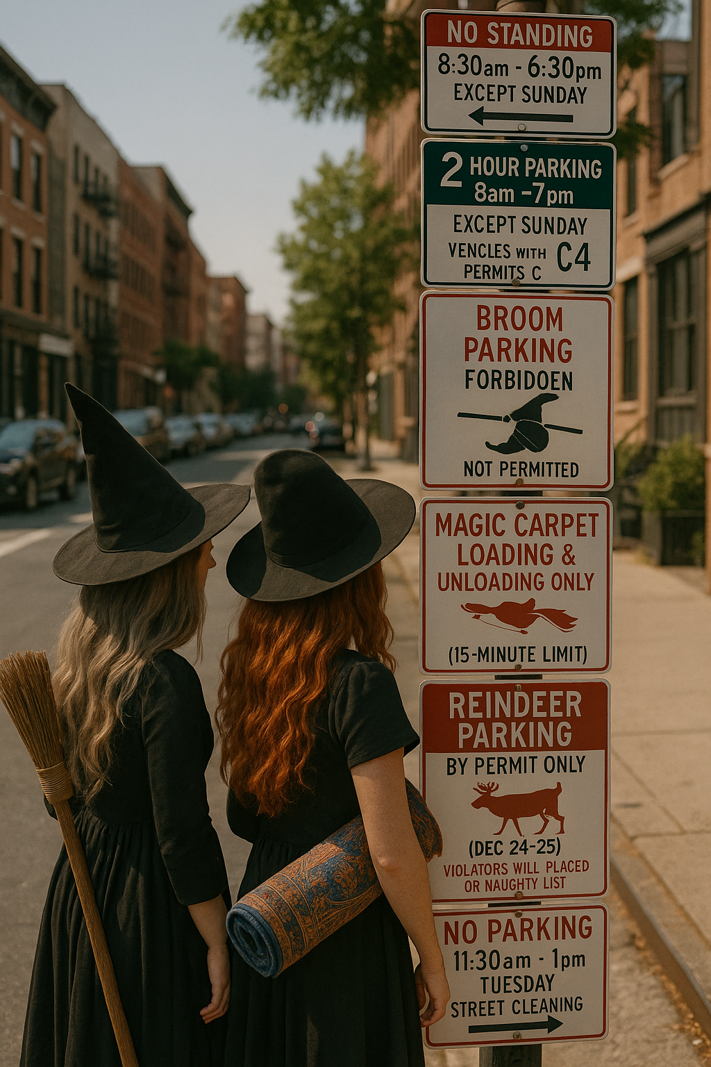 ChatGPT-generated image of witches at a signpost.