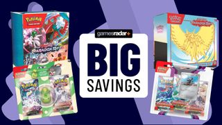 Deals image with dark purple background, showing Pokemon TCG products including Pokemon Scarlet and Violet boosters and Paldea Evolved 