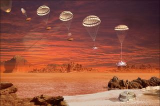 An artist's impression of the descent and landing sequence of ESA's Huygens probe onto the surface of Titan. The Jan. 14, 2005 landing was the culmination of a 22-year process of planning, organizing and cooperation between ESA and NASA.