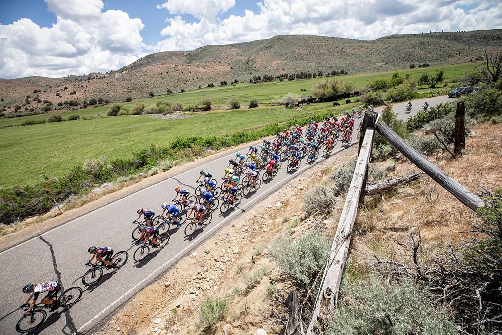 The peloton hits the first climb of the day during stage 2 of the Amgen Tour of California Women's Race