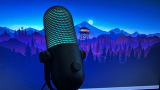 Razer Seiren V3 Chroma review image of the mic with blue lighting on
