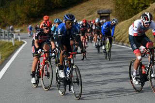 LAGHI DI CANCANO ITALY OCTOBER 22 Amanuel Ghebreigzabhier Werkilul of Eritrea and NTT Pro Cycling Team Matthew Holmes of The United Kingdom and Team Lotto Soudal Joseph Lloyd Dombrowski of The United States and UAE Team Emirates during the 103rd Giro dItalia 2020 Stage 18 a 207km stage from Pinzolo to Laghi di Cancano Parco Nazionale dello Stelvio 1945m girodiitalia Giro on October 22 2020 in Laghi di Cancano Italy Photo by Tim de WaeleGetty Images