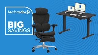A FlexiSpot standing desk and office chair on a blue background next to a TechRadar badge that reads 'Big Savings'