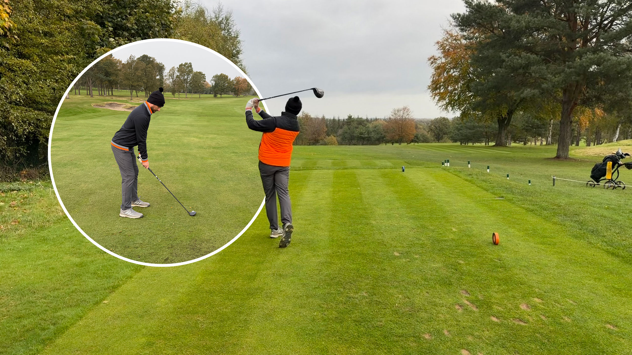 Baz Plummer hitting a tee shot on a cold, wet day on the golf course with an inset image of Baz preparing to hit a fairway wood