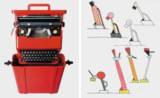 Red typewriter and sketches of lamps