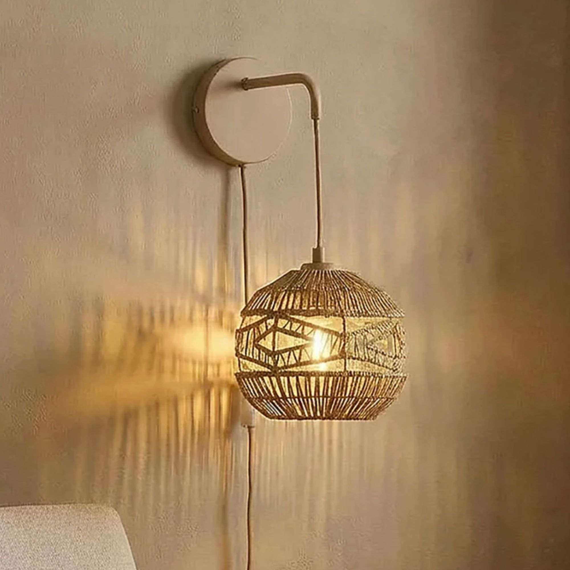 Searchlight Natural Woven Plug-in Wall Light on dark beige wall