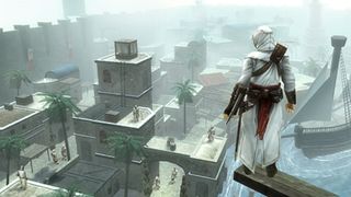 Assassin's Creed Bloodlines screenshot showing an assassin standing over a town by the sea from a high perch