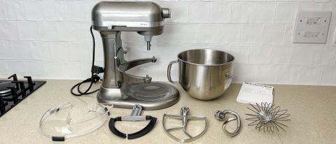 The KitchenAid 7-Quart Stand Mixer and all its attachments before baking