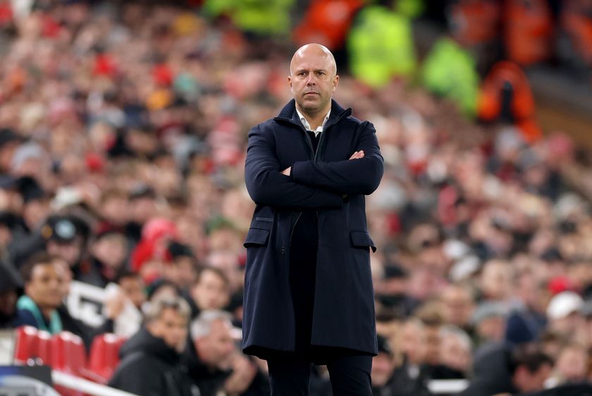 LIVERPOOL, ENGLAND - NOVEMBER 26: Arne Slot, Manager of Liverpool, reacts during the UEFA Champions League 2025/26 League Phase MD5 match between Liverpool FC and PSV Eindhoven at Anfield on November 26, 2025 in Liverpool, England. (Photo by Carl Recine/Getty Images)