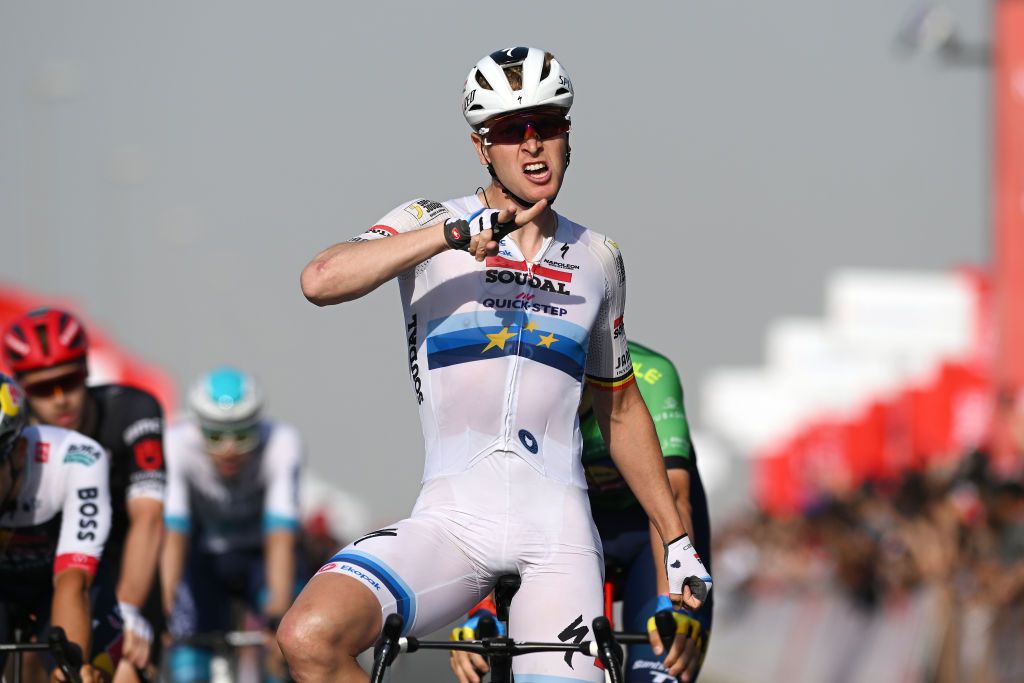 DUBAI UNITED ARAB EMIRATES FEBRUARY 21 Tim Merlier of Belgium and Team Soudal QuickStep celebrates at finish line as stage winner during the 7th UAE Tour 2025 Stage 5 a 160km stage from American University Dubai to American University Dubai UCIWWT on February 21 2025 in Dubai United Arab Emirates Photo by Dario BelingheriGetty Images