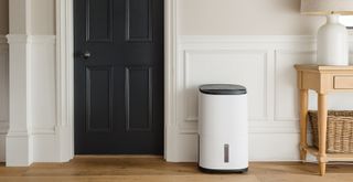 Dehumidifier in a neutral hallway with a black painted door