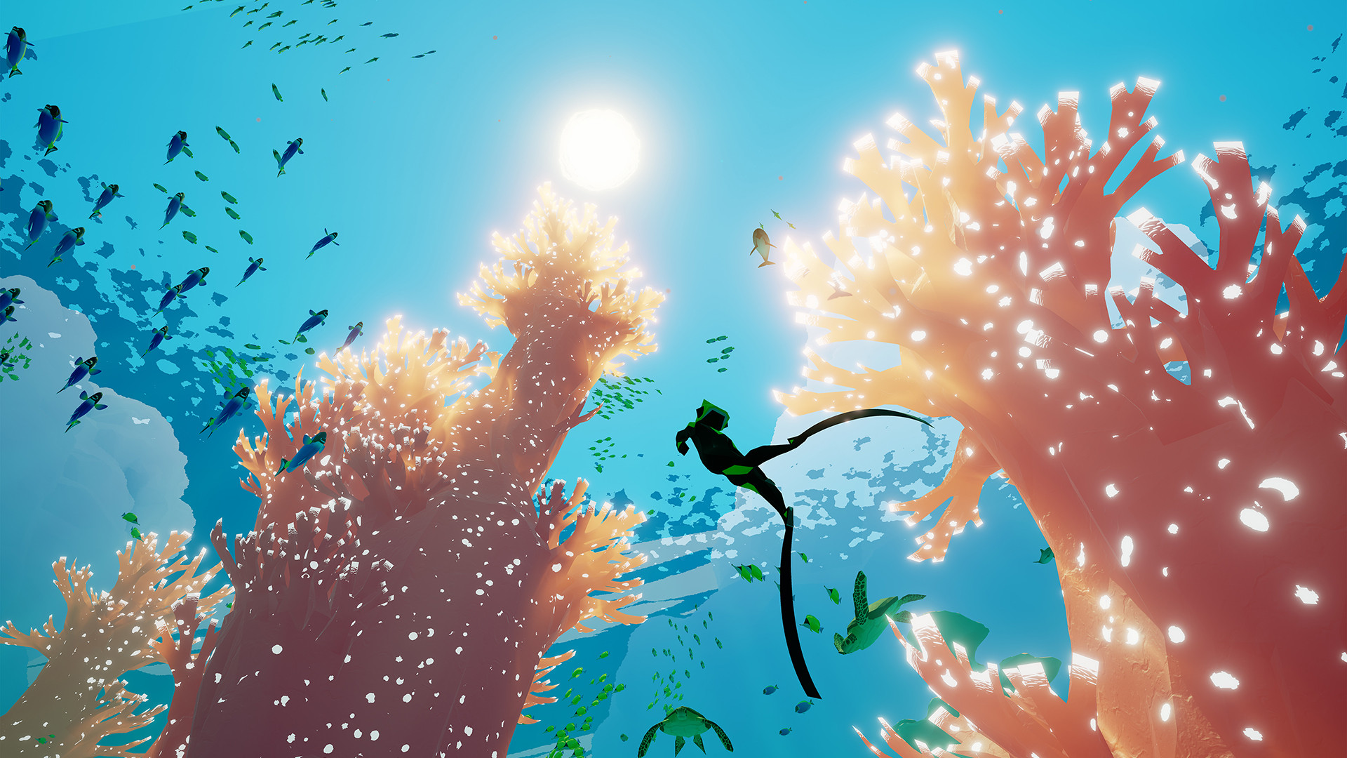 A screenshot of a diver swimming towards the surface during one of the best games like Subnatica, Abzu.