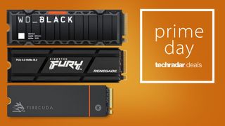 Prime Day PS5 SSD deals featuring three Gen 4 NVMe SSDs on a yellow background