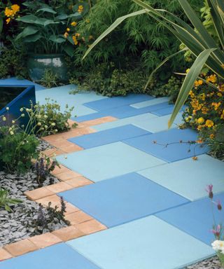 blue painted patio pavers