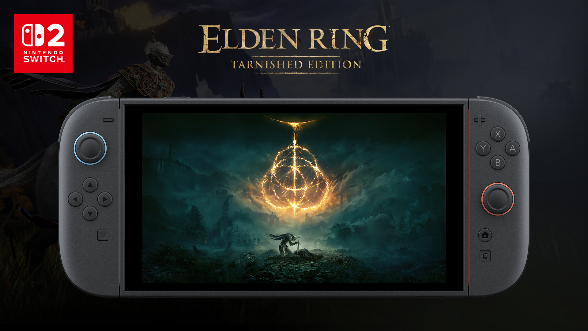 A black Nintendo Switch 2 game handheld with Elden Ring in the screen