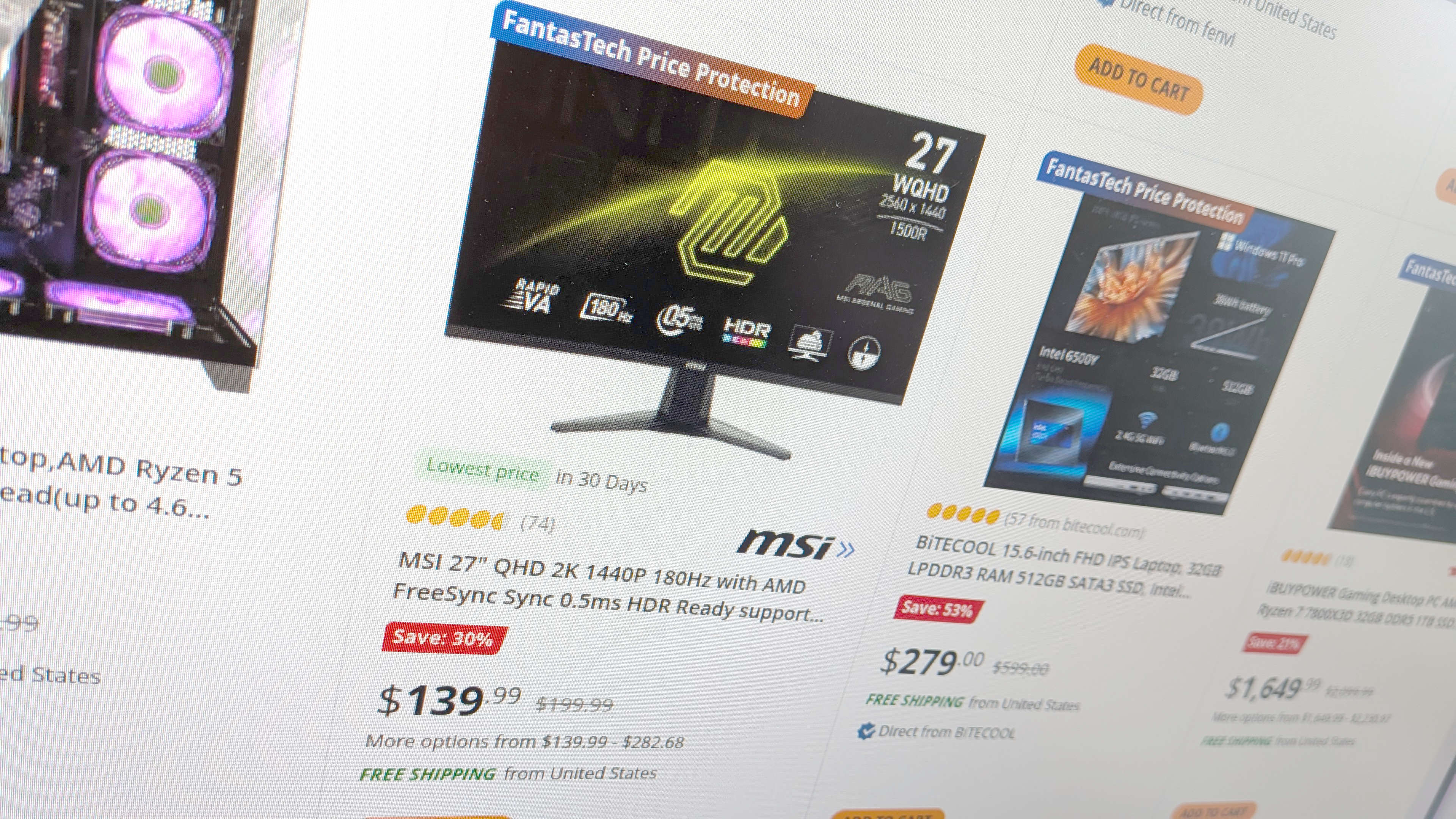Shot of Newegg's Price Protection deals on a monitor