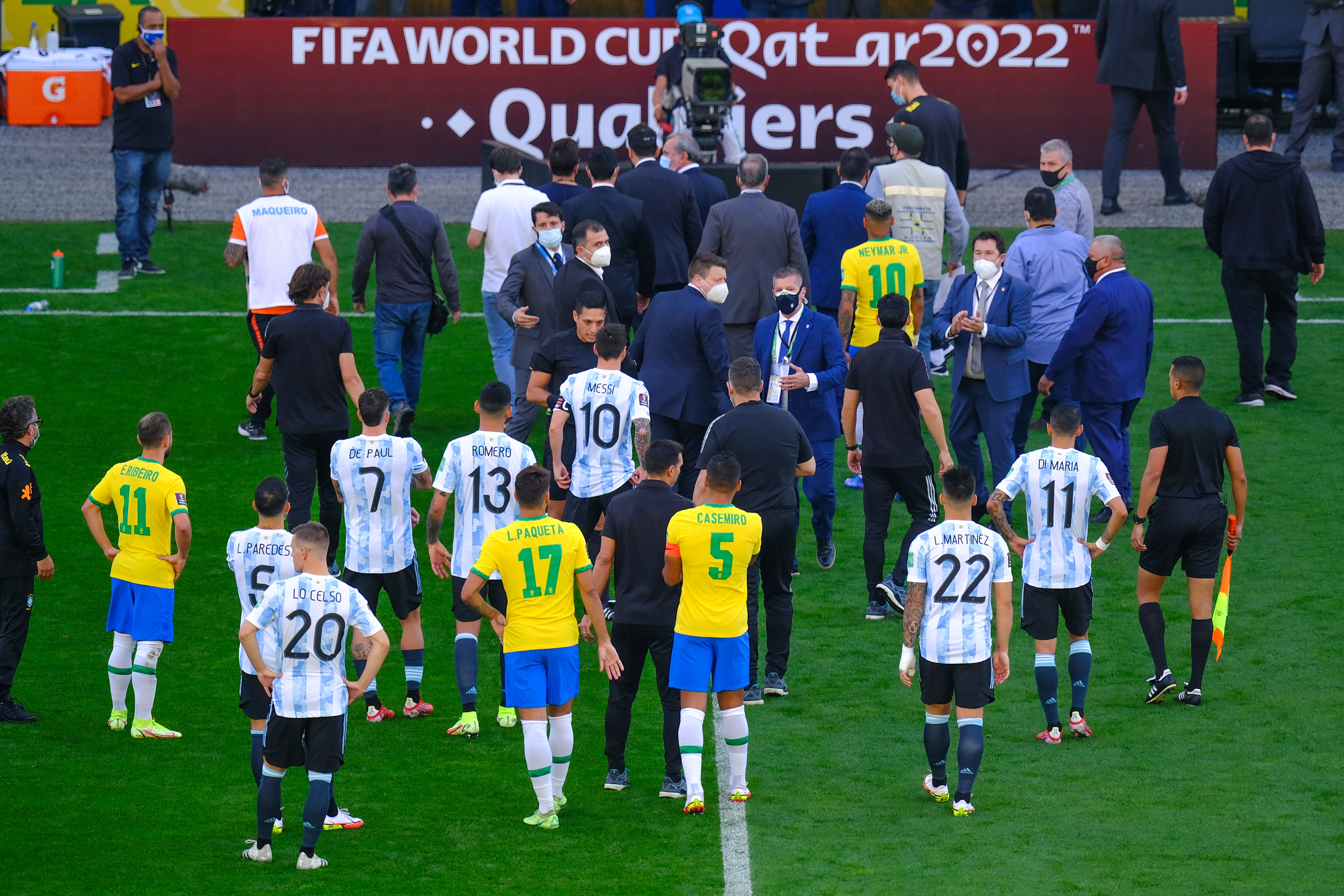 Players are forced to leave the field during this Brazil-Argentina clash in 2021