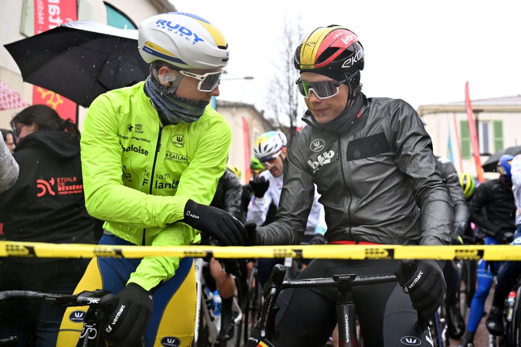 VAUVERT FRANCE FEBRUARY 08 LR Dylan Vandenstorme of Belgium and Team Flanders Baloise White Best Young Rider Jersey and Arnaud De Lie of Belgium and Team Lotto Orange Leader Jersey prior to the 55th Etoile de Besseges Tour du Gard 2025 Stage 4 a 135km stage from Vauvert to Le Mont Bouquet 617m Race shortened due to adverse weather conditions on February 08 2025 in Vauvert France Photo by Billy CeustersGetty Images