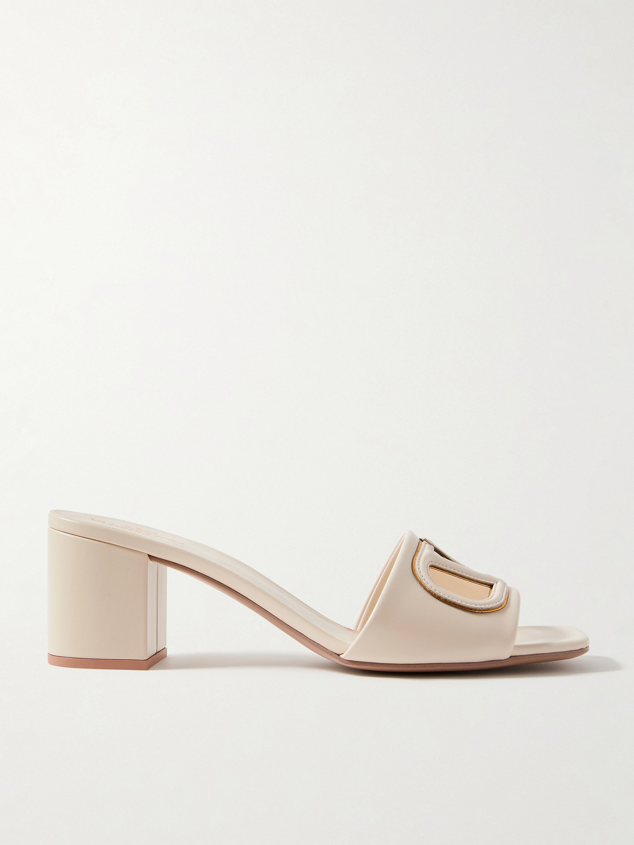 Beige Embellished Leather Mules With V Logo