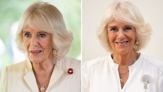 Queen Camilla wearing layered necklaces