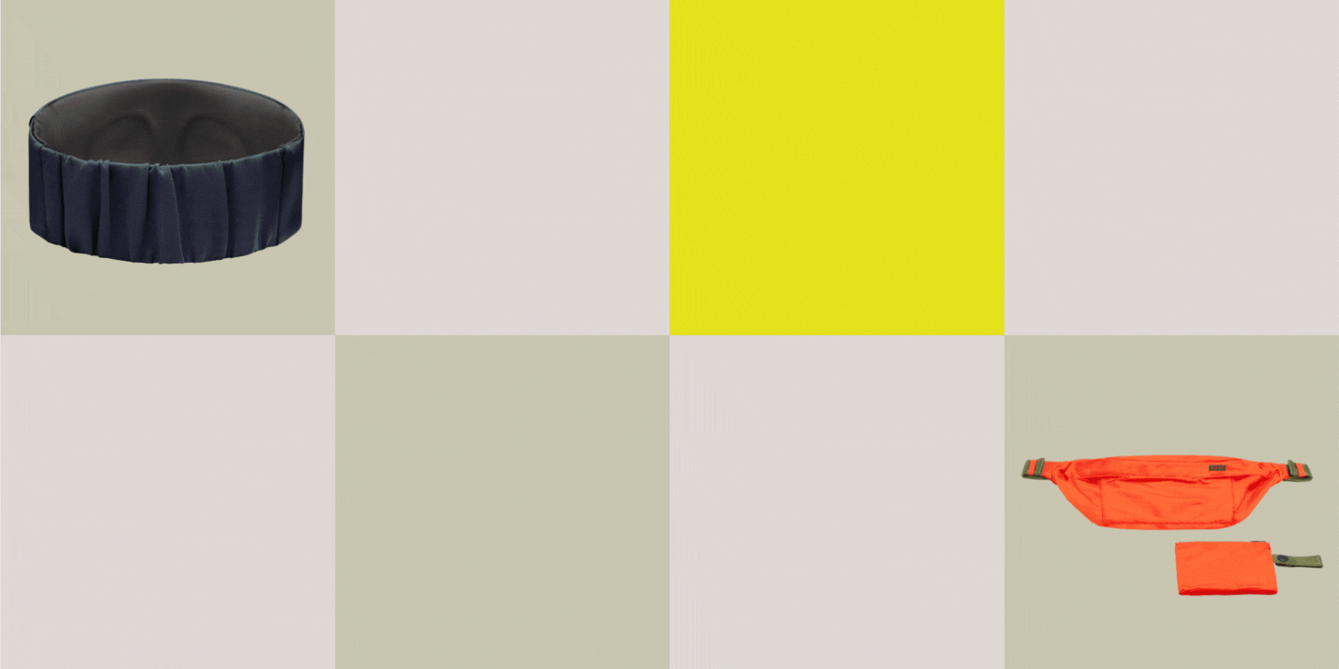 A rotating gif spotlighting different travel accessories, including trolleys, eye masks, and sling bags against a checkered background in shades of beige, except for a yellow square.