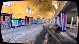 A screenshot from the PlayCanvas FPS game made with gaussian splats showing impressive visual realism.