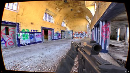 A screenshot from the PlayCanvas FPS game made with gaussian splats showing impressive visual realism.