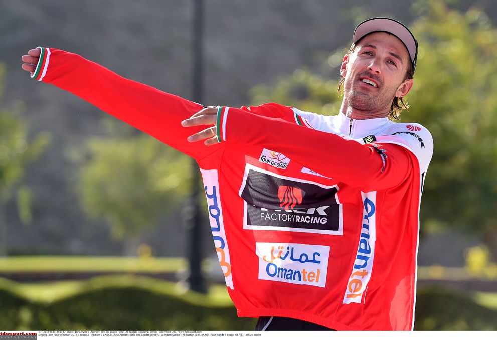 Fabian Cancellara (Trek Factory Racing) pulls on the red jersey at the Tour of Oman