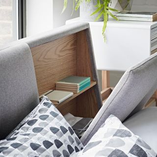 bedroom with grey woven fabric upholstery