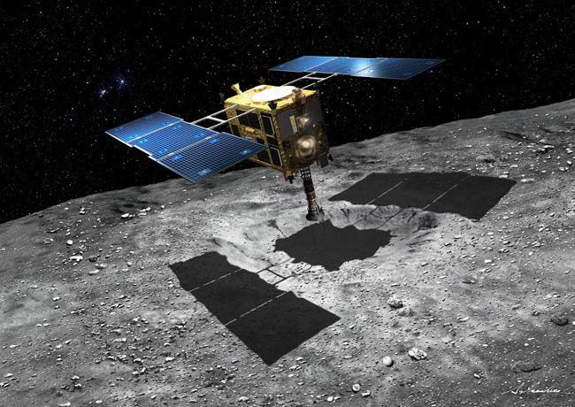 An artist&#039;s depiction of the Hayabusa2 spacecraft at the asteroid Ryugu.