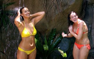 Vicky and Ferne in the jungle shower