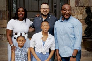 Cast members of "Instant Family" from upper left: Nicole Walters, Josh Walters, and Eddie Bernardez; From lower left: Daughters Ally and Kriss