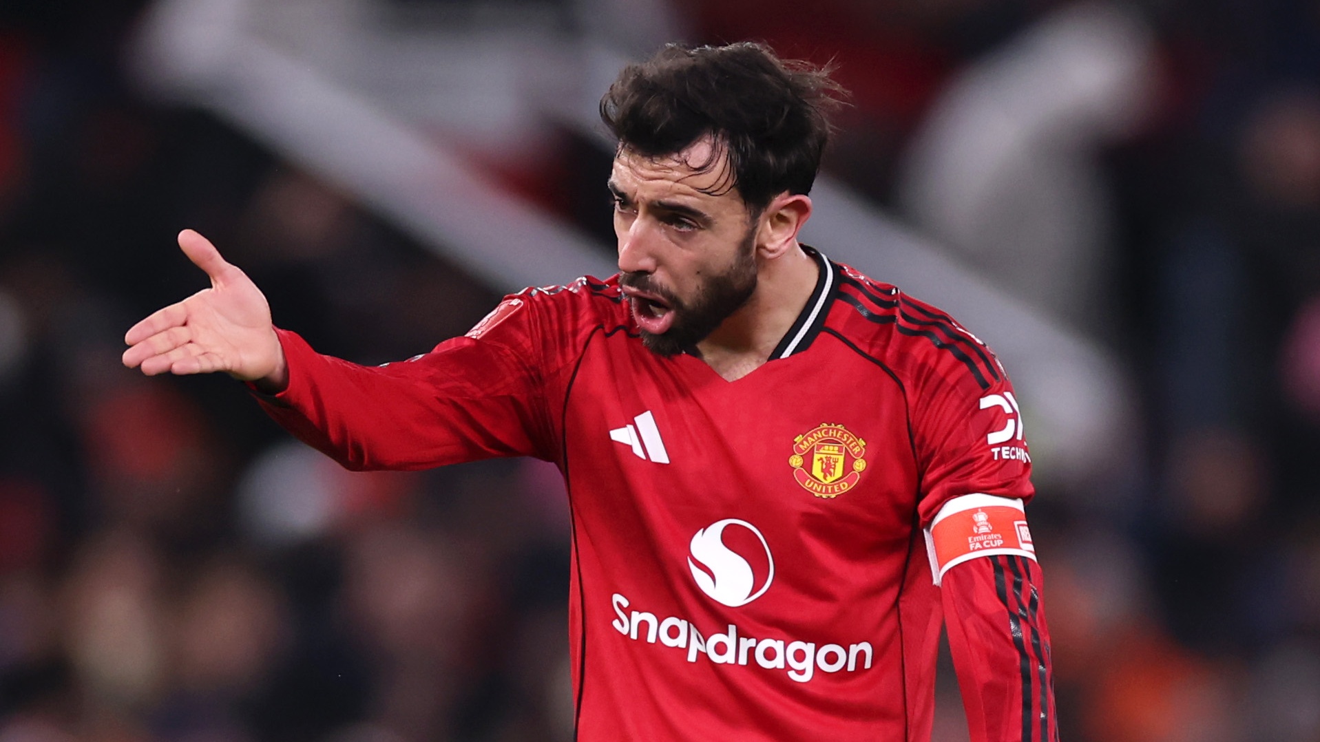 Bruno Fernandes of Manchester United reacts during the Emirates FA Cup Third Round match between Manchester United and Brighton &amp;amp; Hove Albion at Old Trafford on January 11, 2026 in Manchester, England.