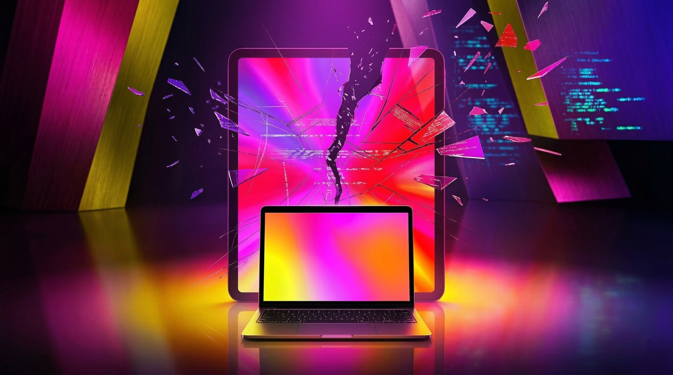 Macbook Neo and iPad with shattered glass