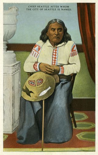 A postcard showing a drawing of Chief Seattle, the namesake of Seattle, Washington