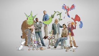 Adrian Lester, Simon Pegg, Alison Steadman and Nina Sosanya surrounded by Quentin Blake illustrations.