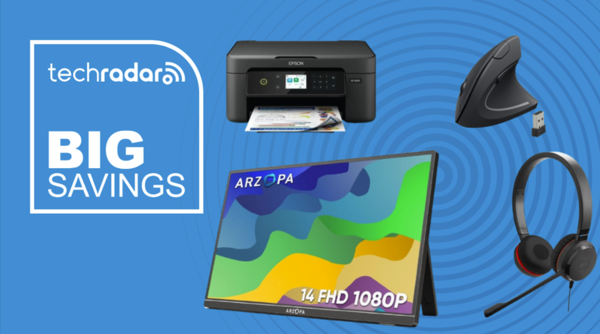 Home office tech on a blue background next to a TechRadar badge reading &#039;Big Savings&#039;