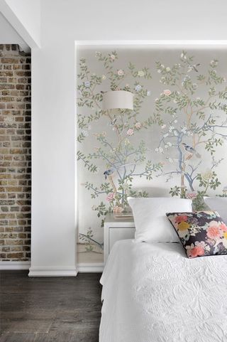 bedroom with floral silver wallpaper