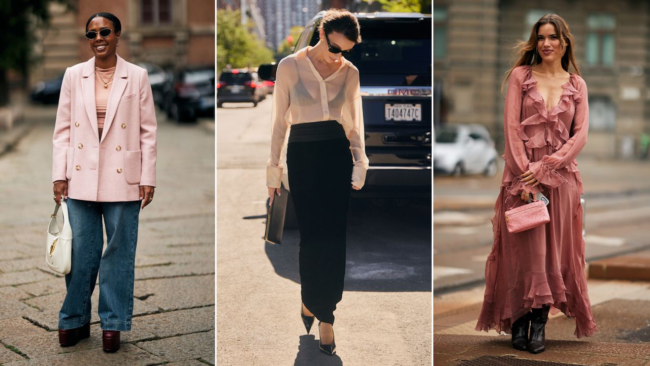 Split image of spring 2025 fashion week attendees wearing pale pink, sheer top, and ruffled pink dress 