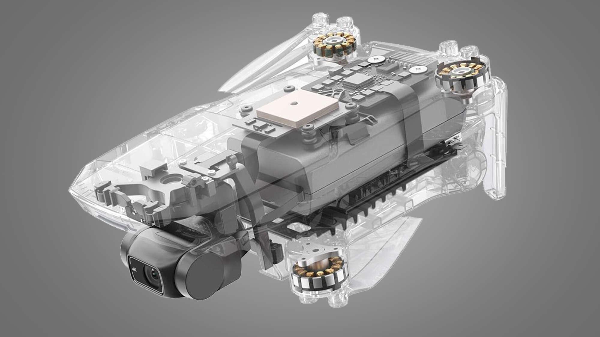 A cutaway image of the DJI Mini 2 drone showing its internal components