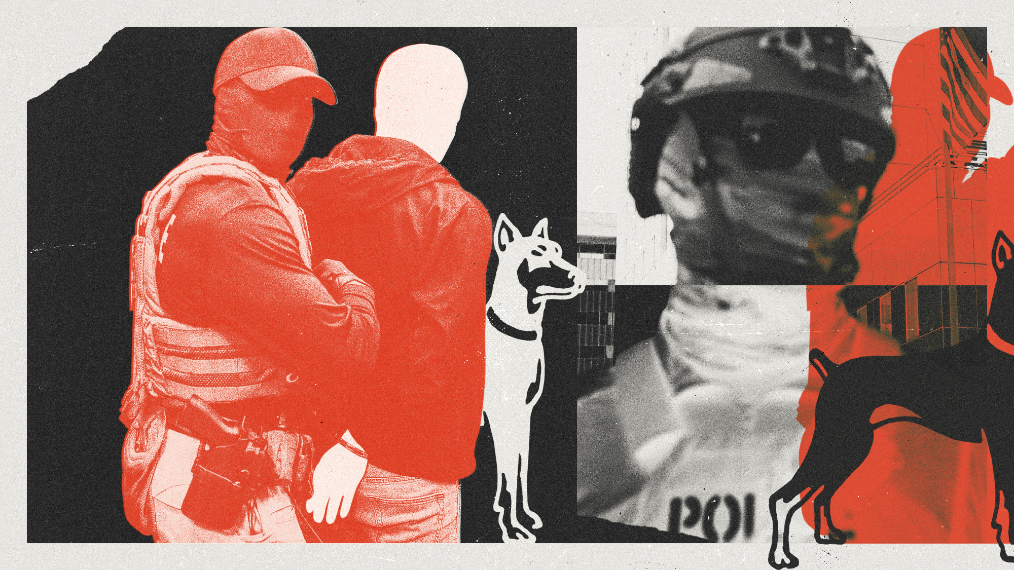 Photo composite illustration of masked police and ICE agents arresting a person
