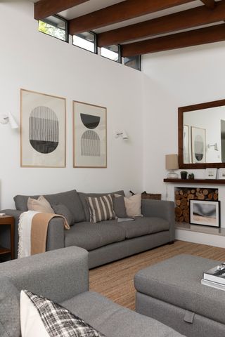 Grey and white living room with wooden accents