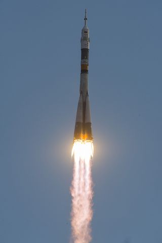 The Soyuz TMA-05M rocket launches from the Baikonur Cosmodrome in Kazakhstan on Sunday, July 15, 2012.
