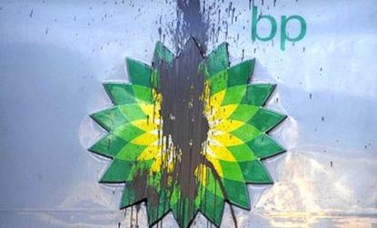 The BP Soho Gas Station sign defaced in protest of the recent oil spill in the Gulf of Mexico. 