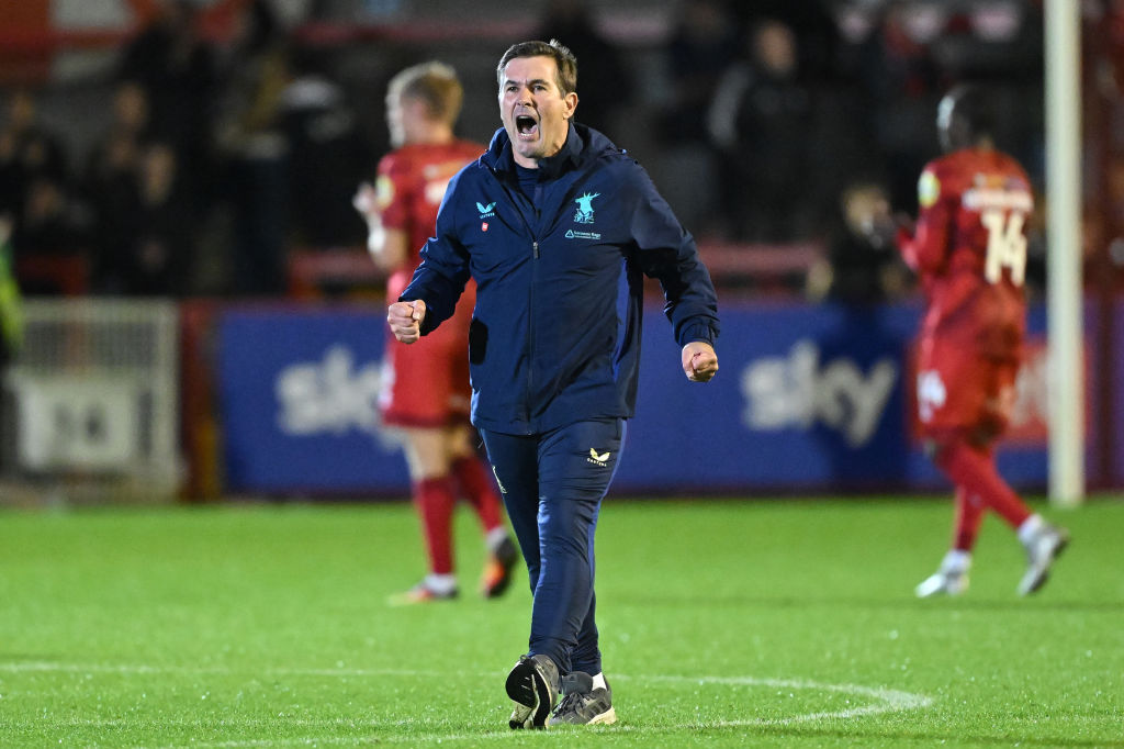 CRAWLEY, ENGLAND - OCTOBER 01: Mansfield Town manager Nigel Clough celebrates after their victory in the Sky Bet League One match between Crawley Town FC and Mansfield Town FC at Broadfield Stadium on October 01, 2024 in Crawley, England. (Photo by Mike Hewitt/Getty Images)