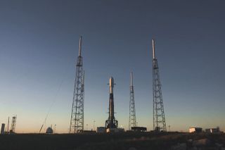 A SpaceX Falcon 9 rocket carrying 60 satellites for the company's Starlink broadband internet constellation stands atop Space Launch Complex 40 at Cape Canaveral Air Force Station in Florida ahead of a Jan. 6, 2020 launch.