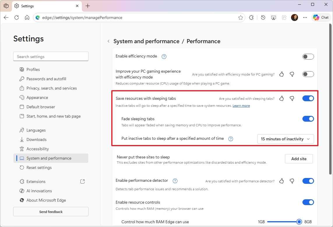 Enable Save resources with sleeping tabs on Edge