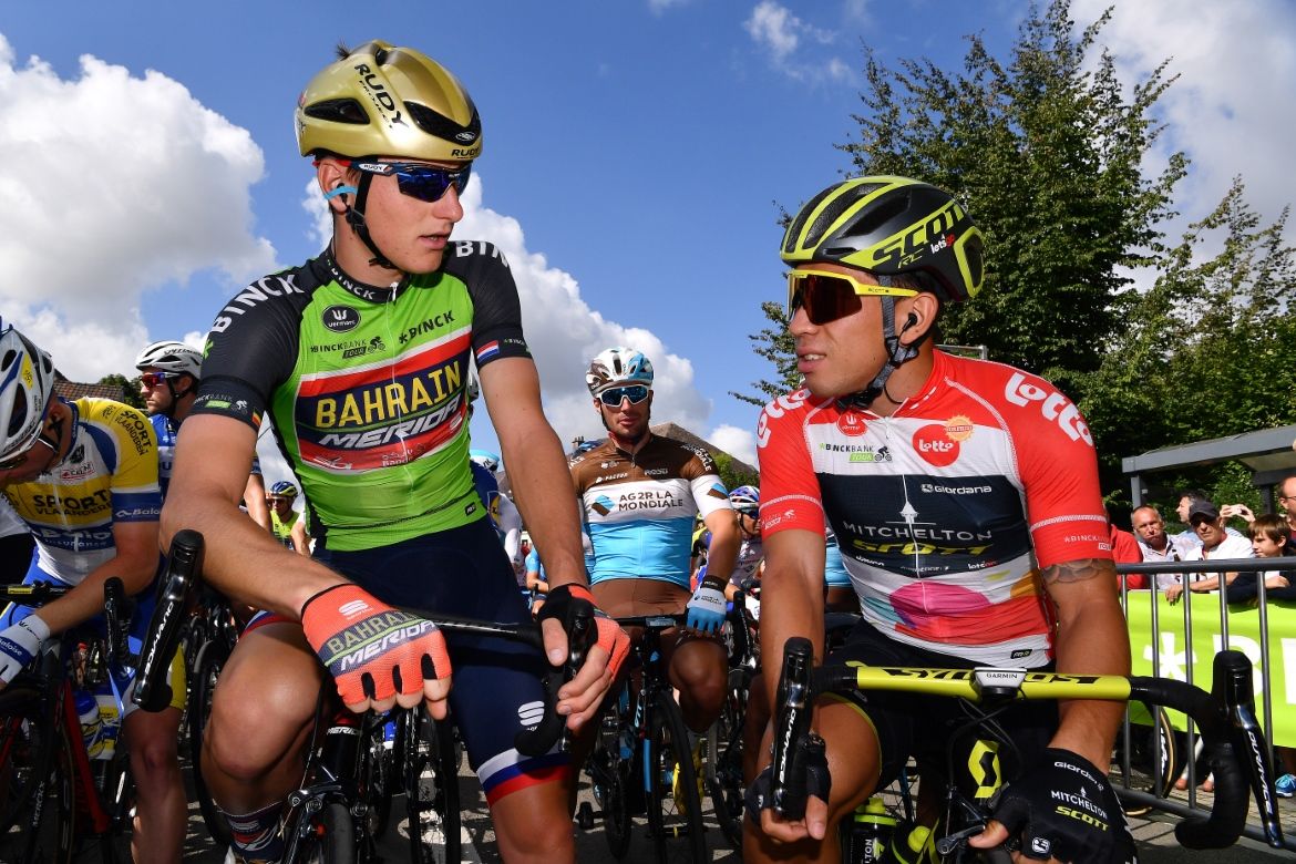 Matej Mohoric and Caleb Ewan at the start